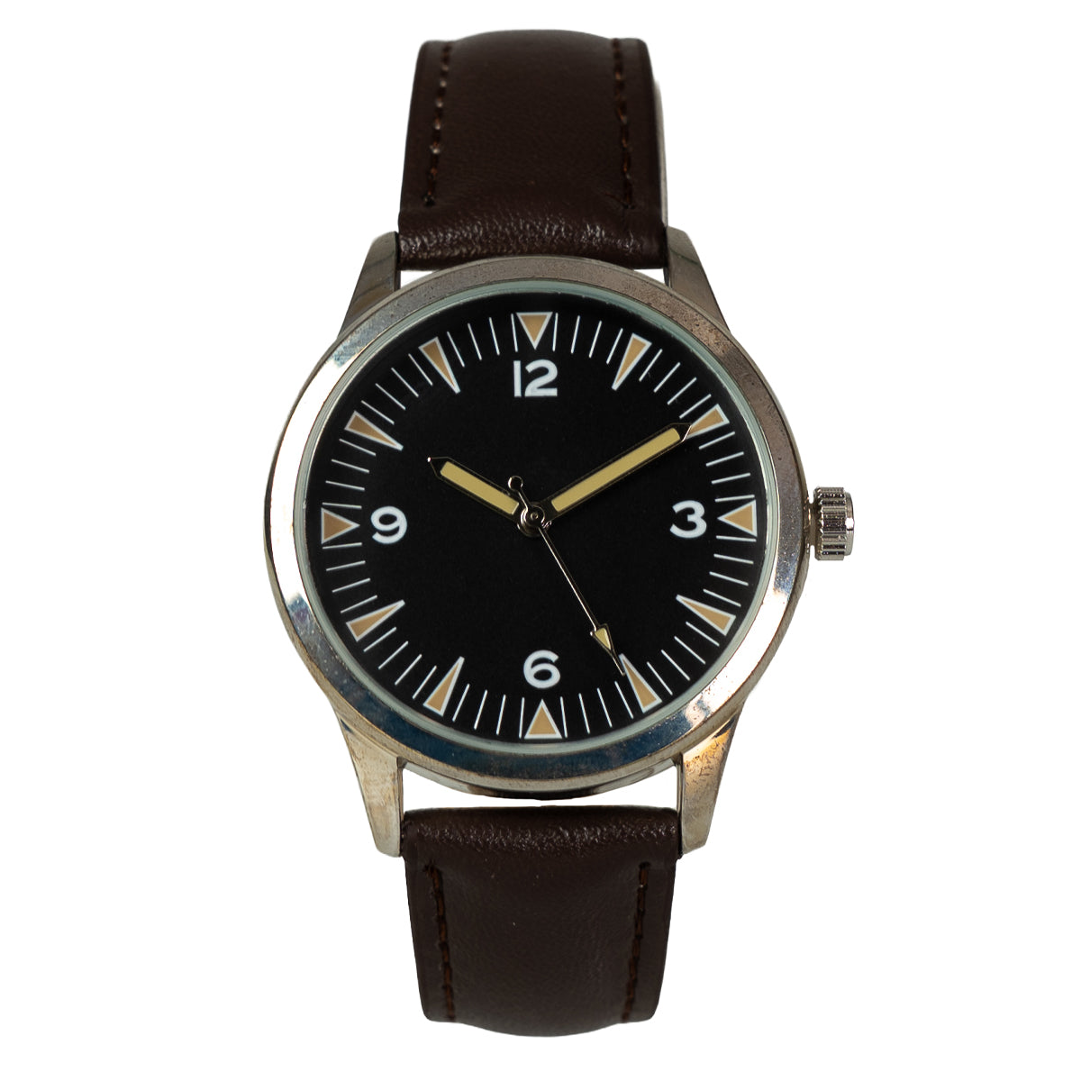 Eaglemoss 1960s Pakistani Airman quartz watch with a black 3-6-9-12 dial, silver case, and dark brown leather strap.