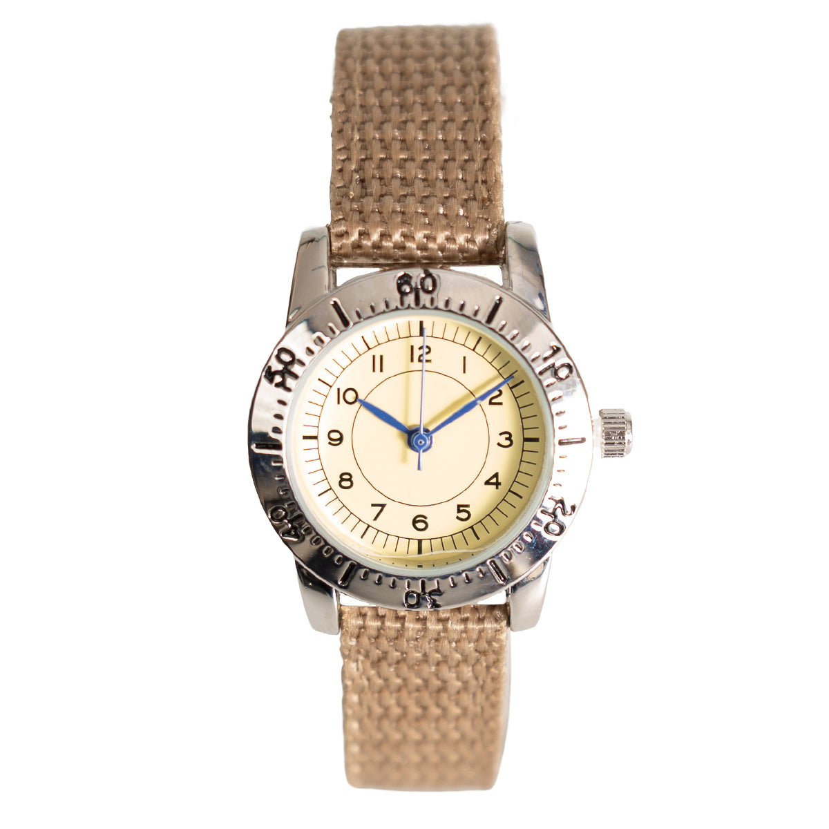 1940s US Airman military watch replica with beige dial, bold black numerals, blue steel-style hands, and a rotating bezel on a brown canvas strap.