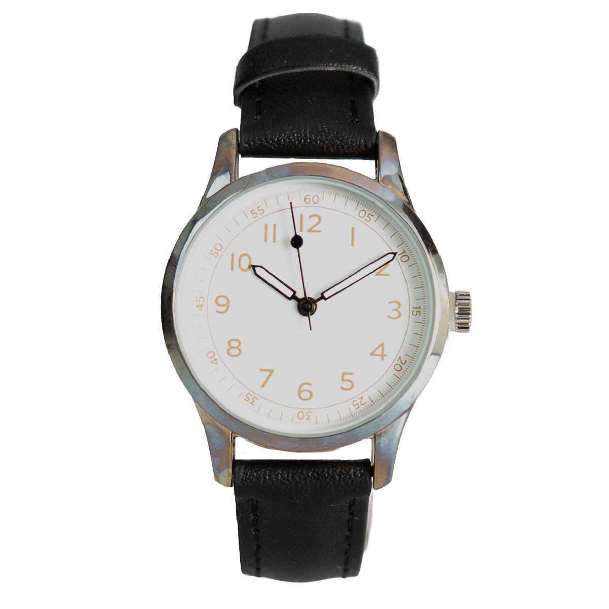 1940s US Seaman's style watch with white dial, bold Arabic numerals, and black leatherette strap.