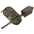 Austrian Army folding shovel featuring a steel blade and durable hardwood handle with its green PVC protective carrier case.