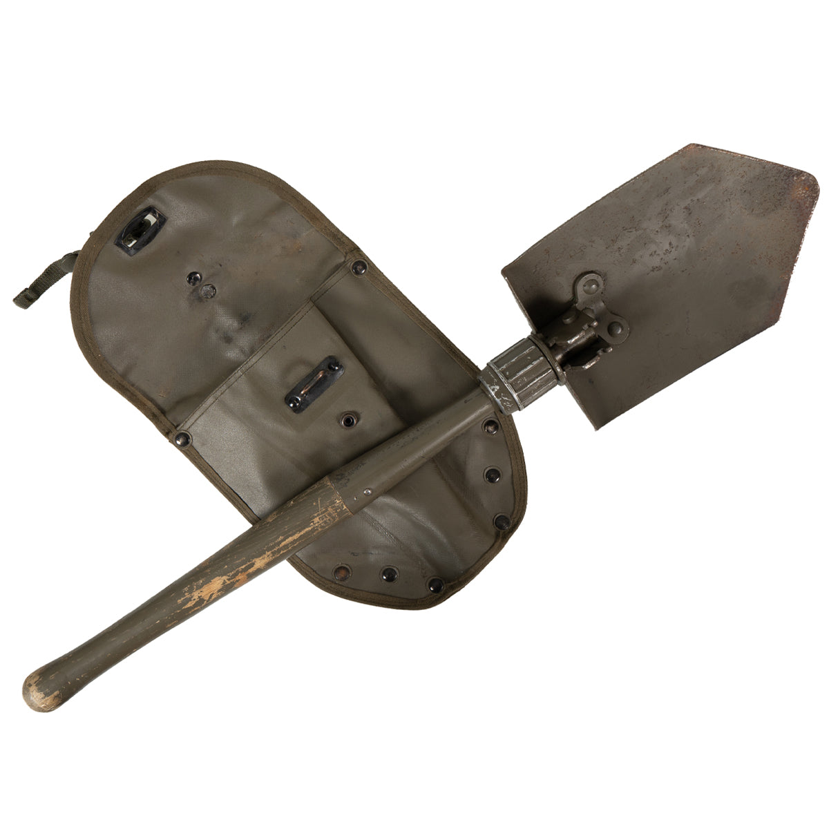Austrian Army folding shovel featuring a steel blade and durable hardwood handle with its green PVC protective carrier case.