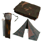 A collection of the Hungarian M82 Zeltbahn set including two folded canvas sheets, tent poles, and stakes.