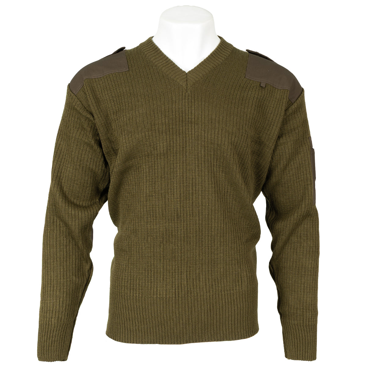 Front view of an Italian Army V-neck wool jumper in olive green with dark canvas shoulder patches and sleeve utility pocket.
