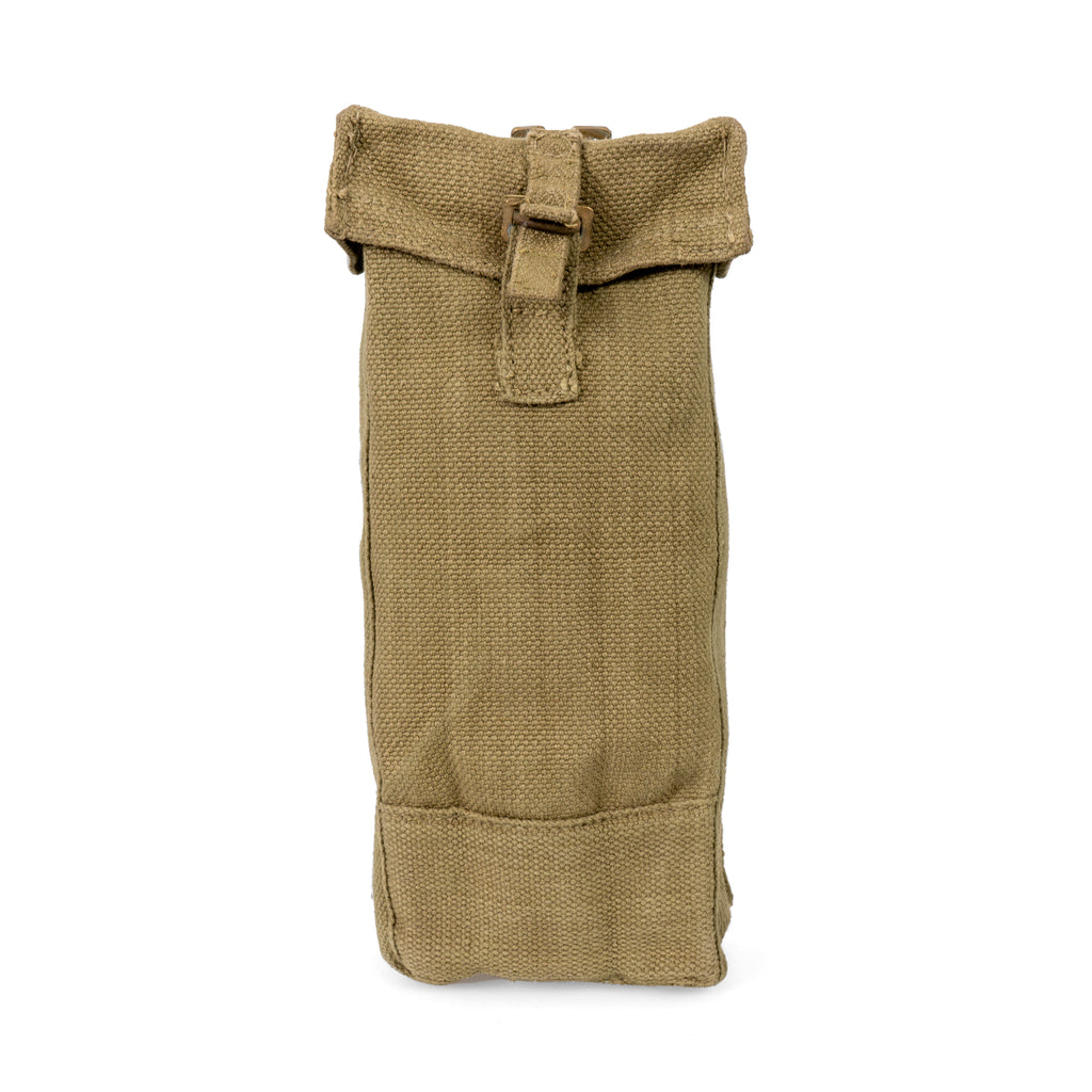 Front view of an original Belgian Army magazine pouch in khaki cotton canvas with a metal quick-release buckle.