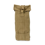 Front view of an original Belgian Army magazine pouch in khaki cotton canvas with a metal quick-release buckle.