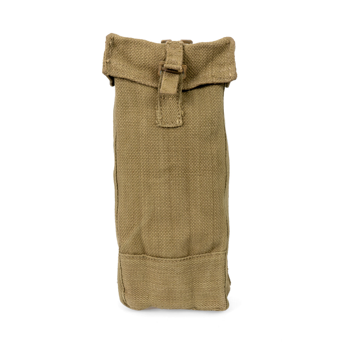 Front view of an original Belgian Army magazine pouch in khaki cotton canvas with a metal quick-release buckle.