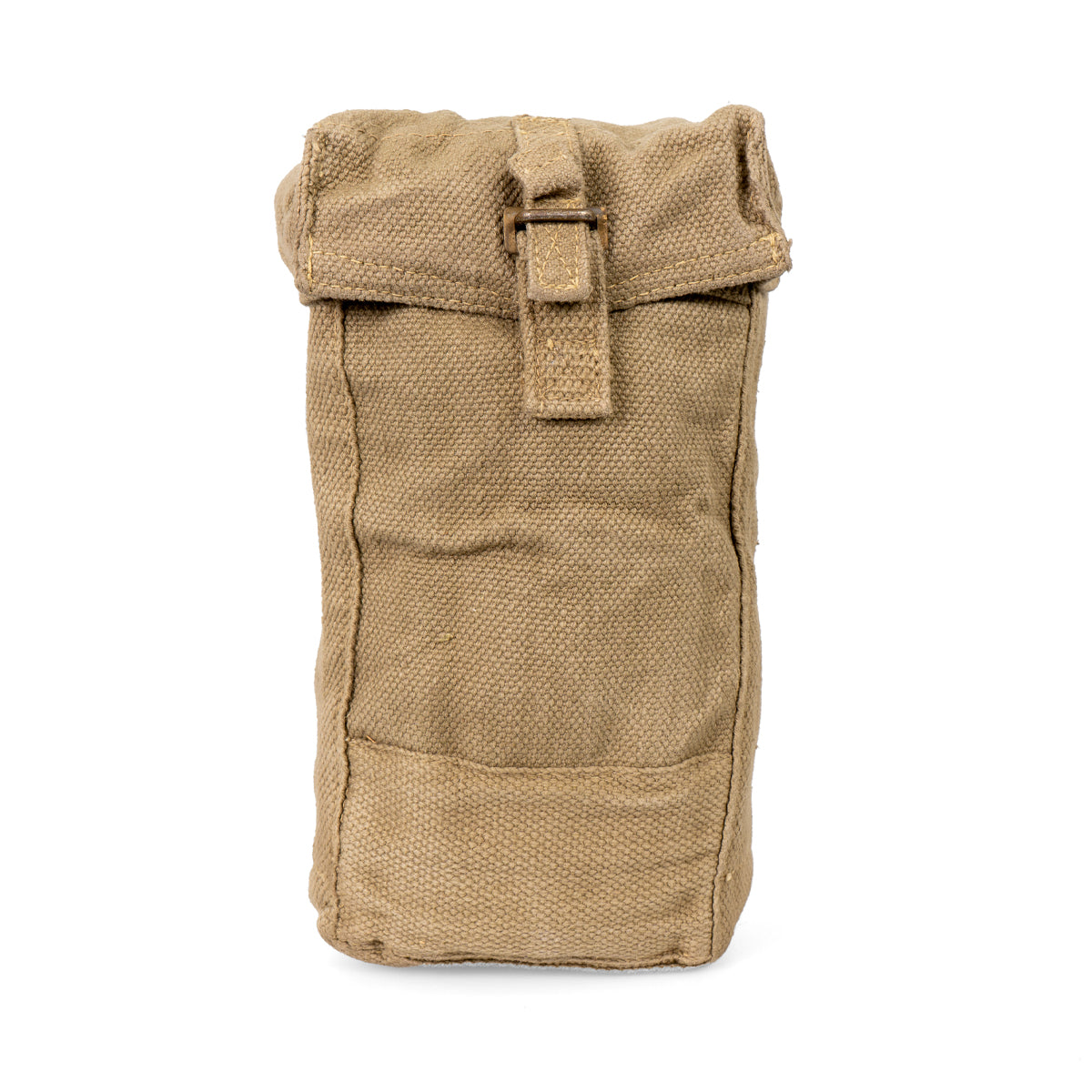 Belgian Army surplus pouch shown from the front with the flap secured by a sturdy buckle strap.