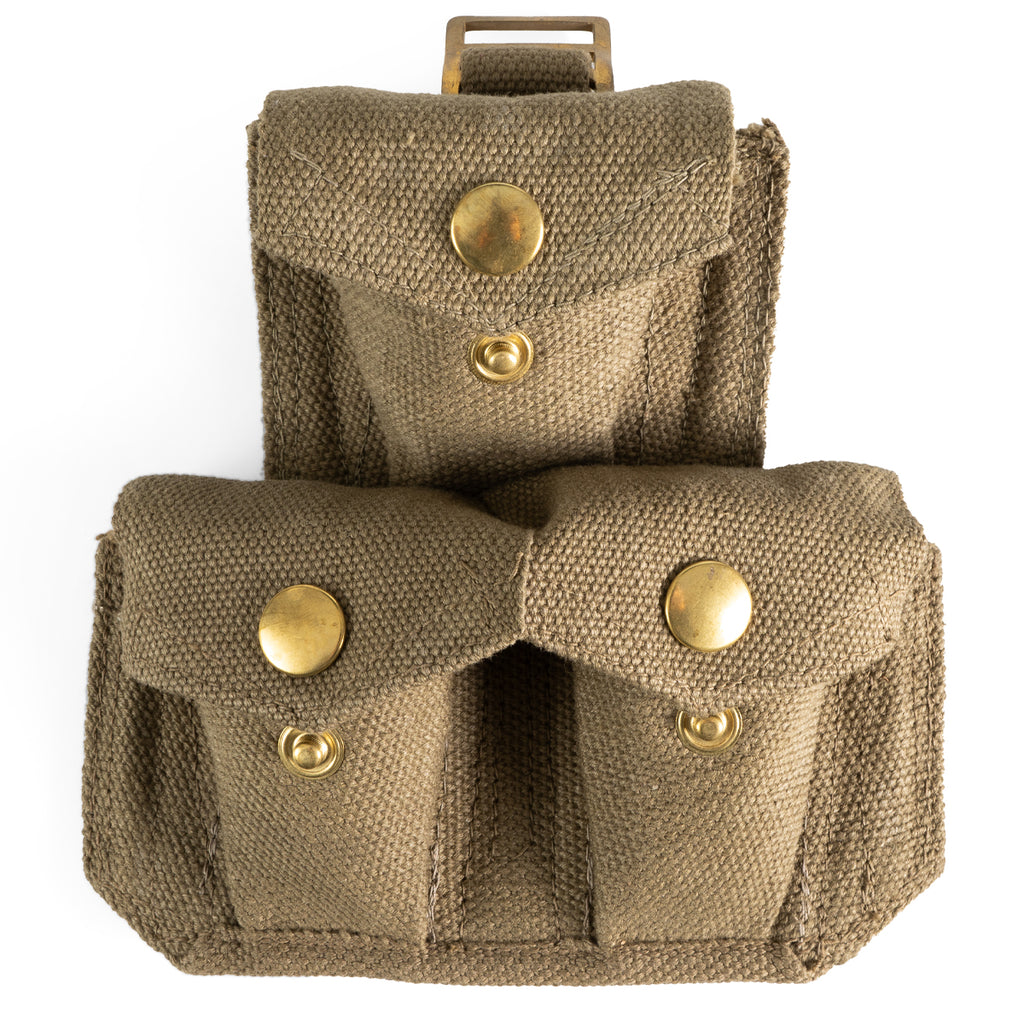 Italian 37 Pattern triple ammo pouch made of tan canvas with brass snap closures and three individual equipment compartments.