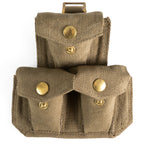 Italian 37 Pattern triple ammo pouch made of tan canvas with brass snap closures and three individual equipment compartments.