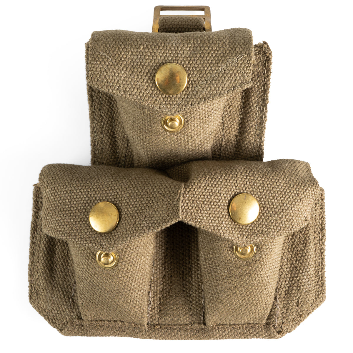 Italian 37 Pattern triple ammo pouch made of tan canvas with brass snap closures and three individual equipment compartments.
