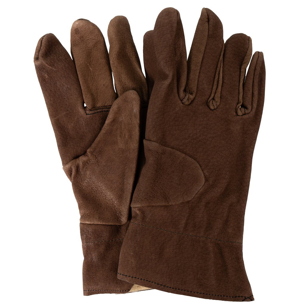 Pair of authentic brown leather Czech Army ladies' gloves from the Cold War era, featuring reinforced palms and cuffs.