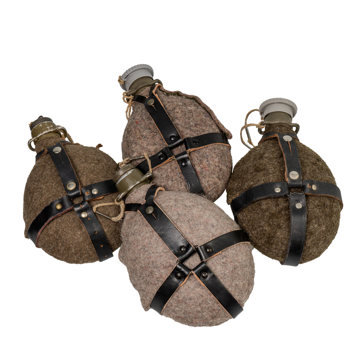 Collection of four vintage Czech M60 military canteens with felted wool covers and black leather straps.