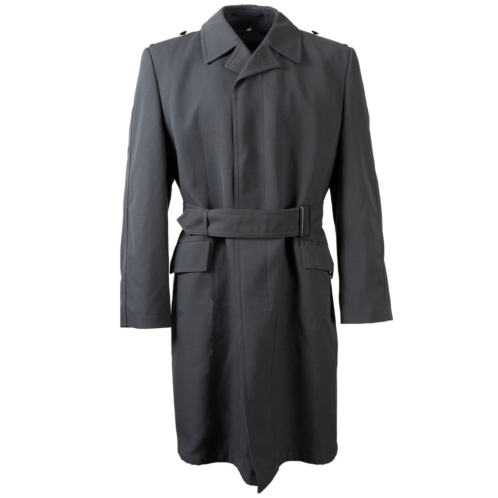 Original German Army fly front trench coat in grey, featuring a lapel collar, longline cut, and adjustable waist belt.