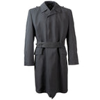 Original German Army fly front trench coat in grey, featuring a lapel collar, longline cut, and adjustable waist belt.