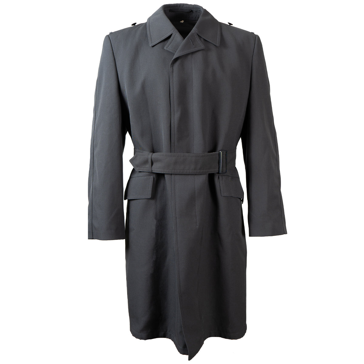 Original German Army fly front trench coat in grey, featuring a lapel collar, longline cut, and adjustable waist belt.