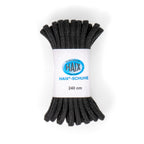 Coiled Haix Professional black boot laces with a branded paper label showing 240 cm length, isolated on a white background.