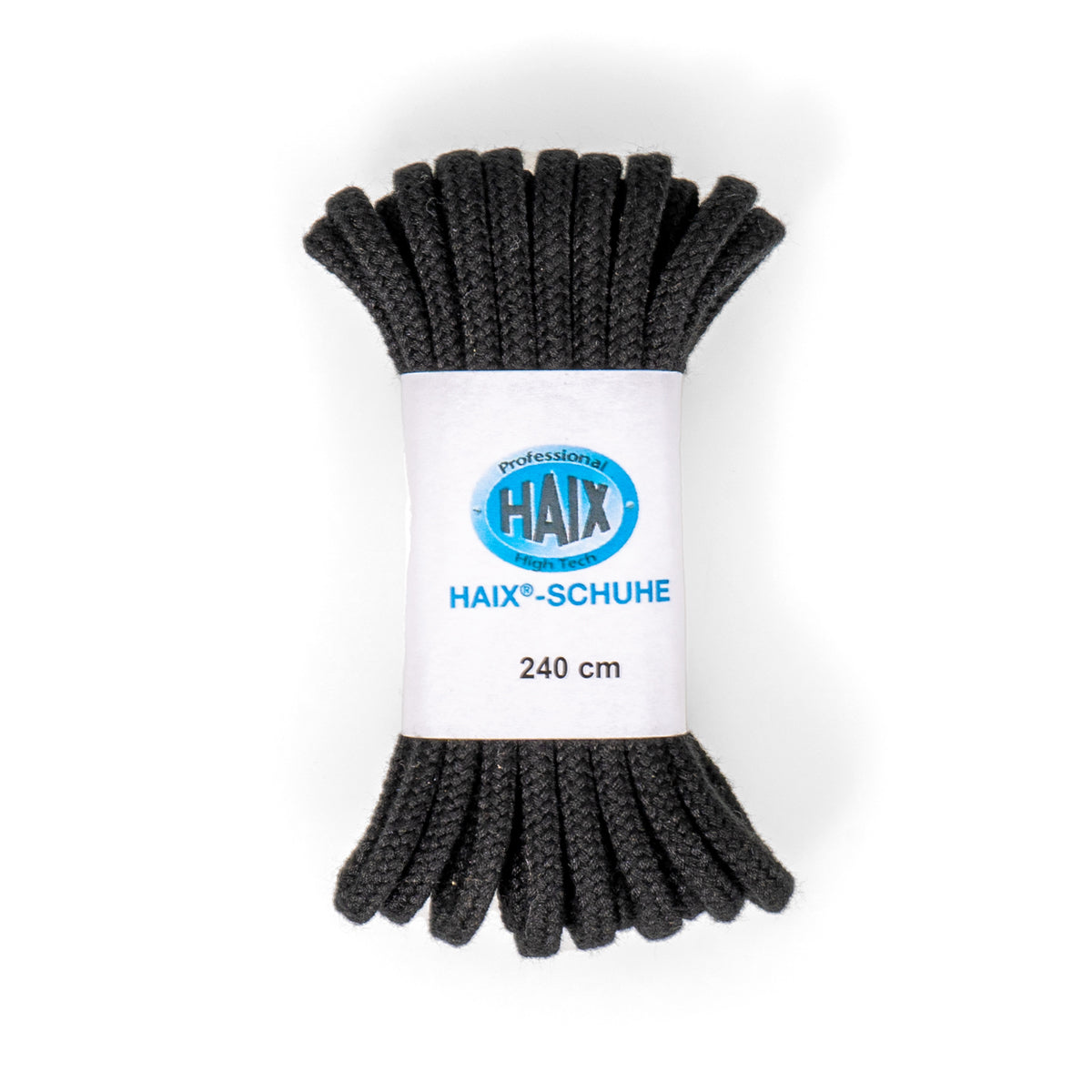 Coiled Haix Professional black boot laces with a branded paper label showing 240 cm length, isolated on a white background.