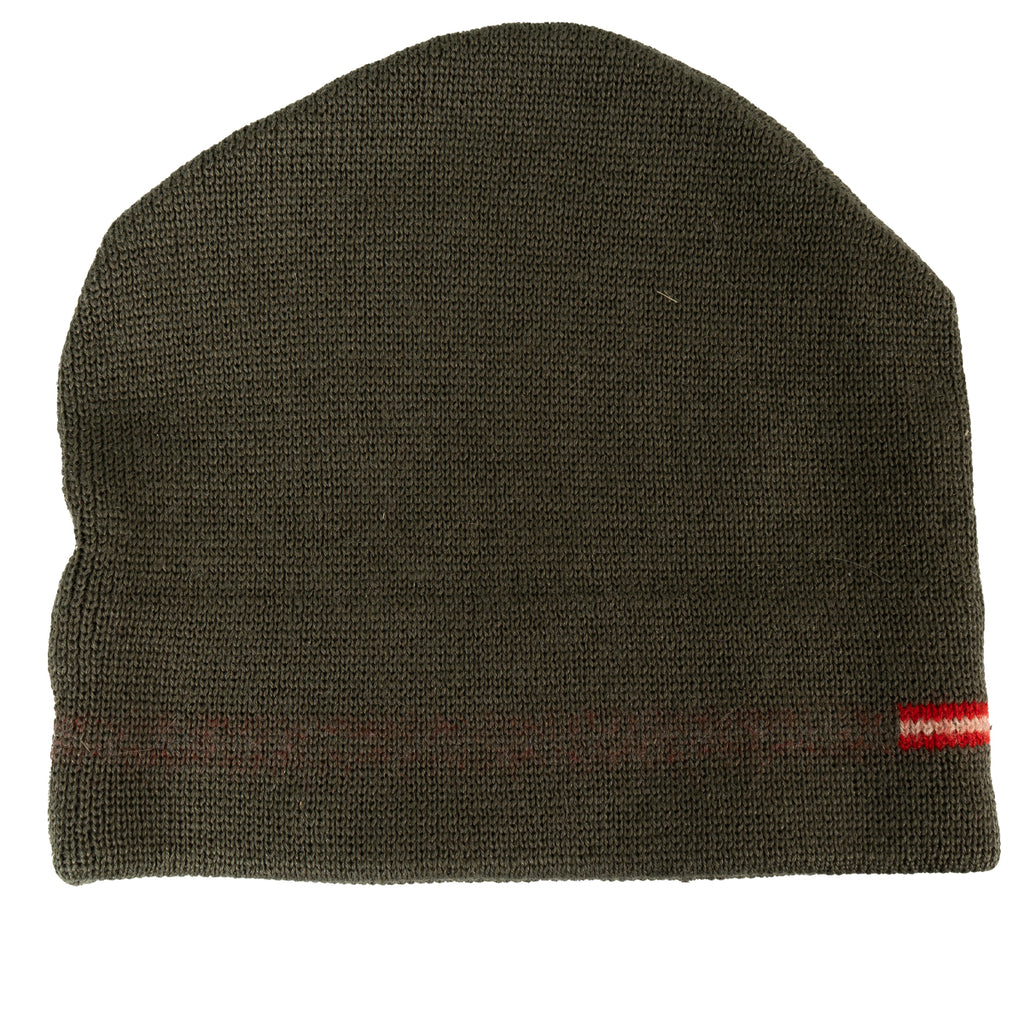 Genuine Austrian military surplus beanie laid flat, highlighting the olive drab wool weave and the subtle red-white-red national flag detail.