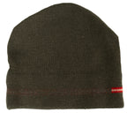 Genuine Austrian military surplus beanie laid flat, highlighting the olive drab wool weave and the subtle red-white-red national flag detail.