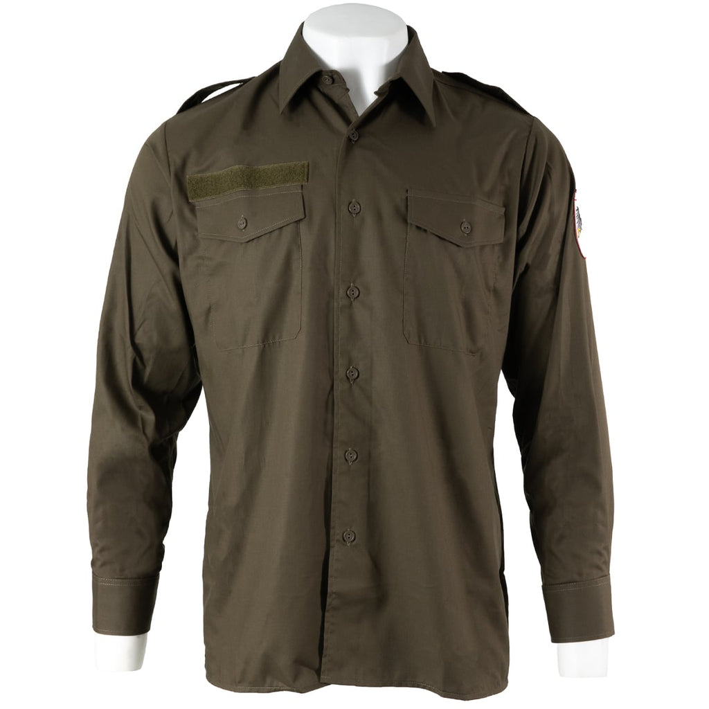 Austrian Army cotton sateen shirt in RAL 7013 olive, featuring chest pockets, shoulder epaulets, and a hook-and-loop utility strip.