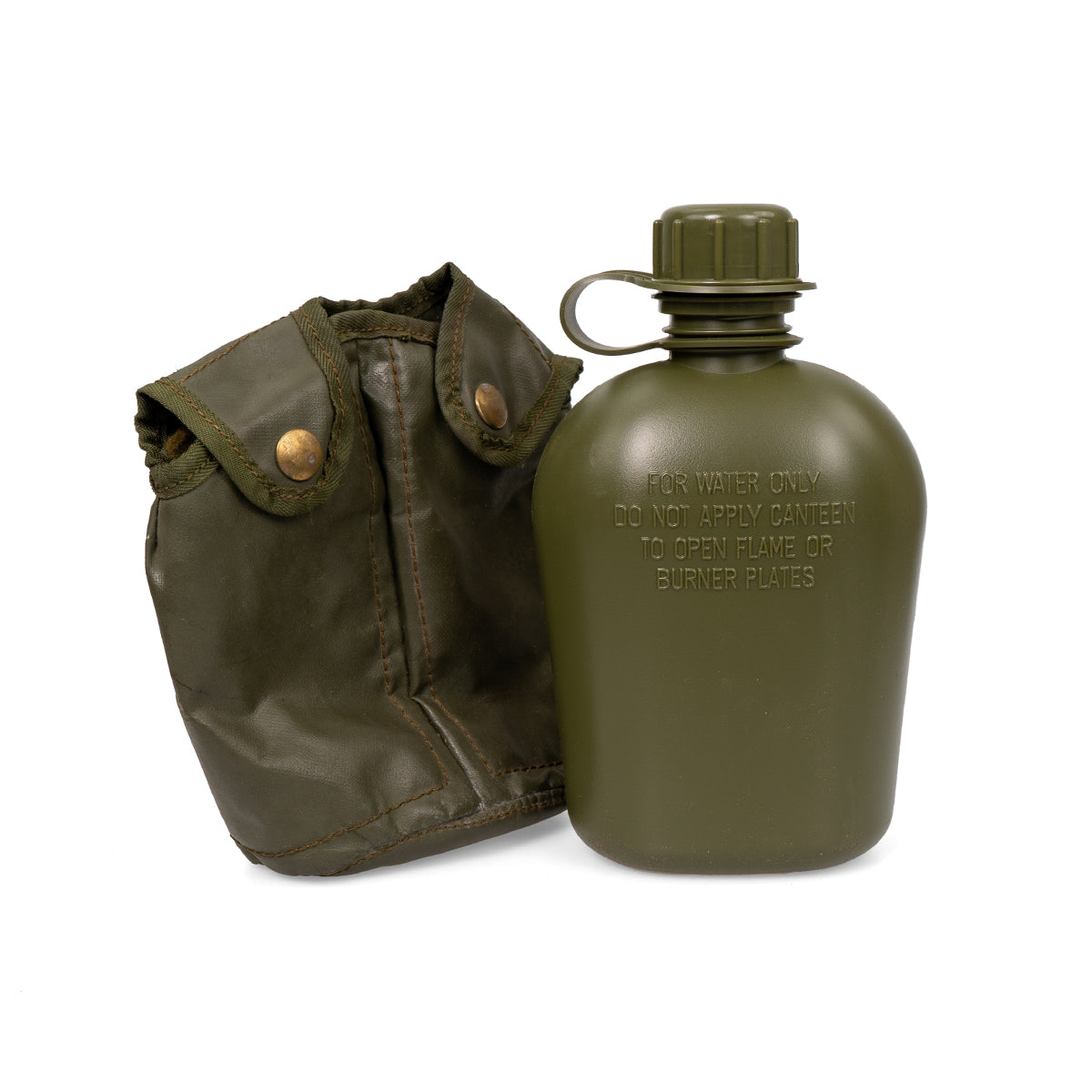 Belgian Army 750ml olive drab plastic canteen with its heavy-duty fleece-insulated vinyl pouch and brass press studs.