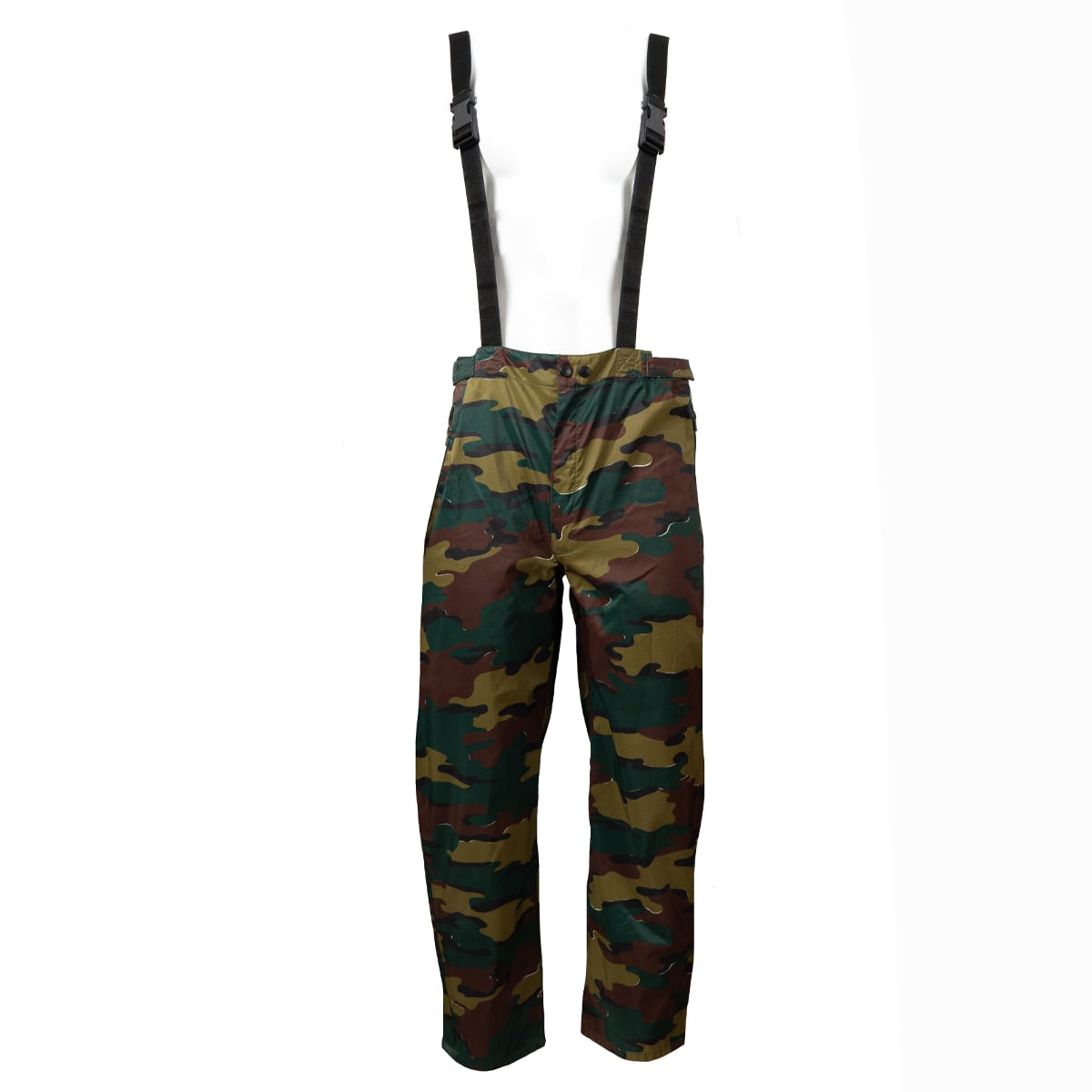 Original Belgian Army Gore-Tex waterproof trousers with adjustable suspenders in Jigsaw camo pattern.