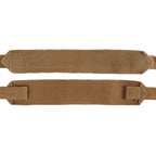 Pair of original British Army 37 pattern webbing straps made from durable tan cotton canvas, isolated on white.