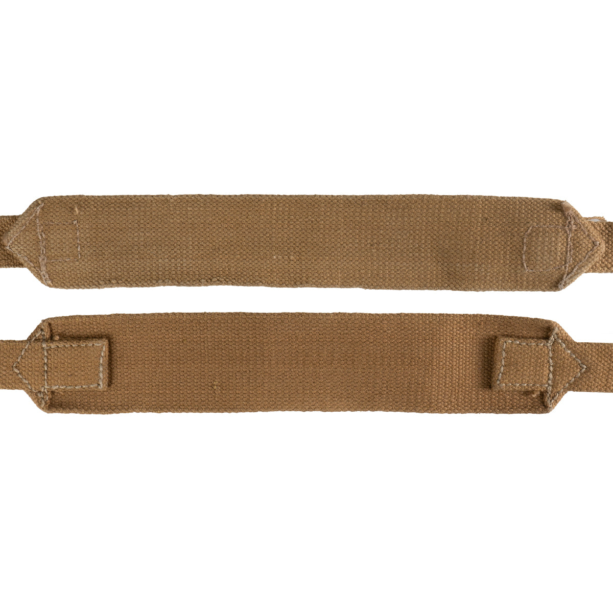 Pair of original British Army 37 pattern webbing straps made from durable tan cotton canvas, isolated on white.