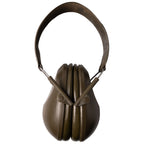 British Army issue 3M Peltor H61FA ear defenders in olive green with a stainless steel headband, shown from a front-facing perspective.