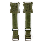 Full pair of genuine 1950s British Army 44 Pattern webbing brace extenders in olive drab cotton canvas with visible markings.