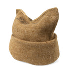 A folded brown woollen British Army cap comforter standing upright on a white background.