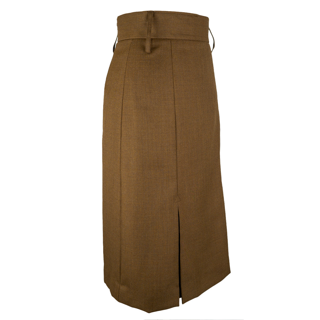 Side view of an original British Army Barrack Dress Skirt in a durable, unissued wool-blend fabric with a rear kick pleat.