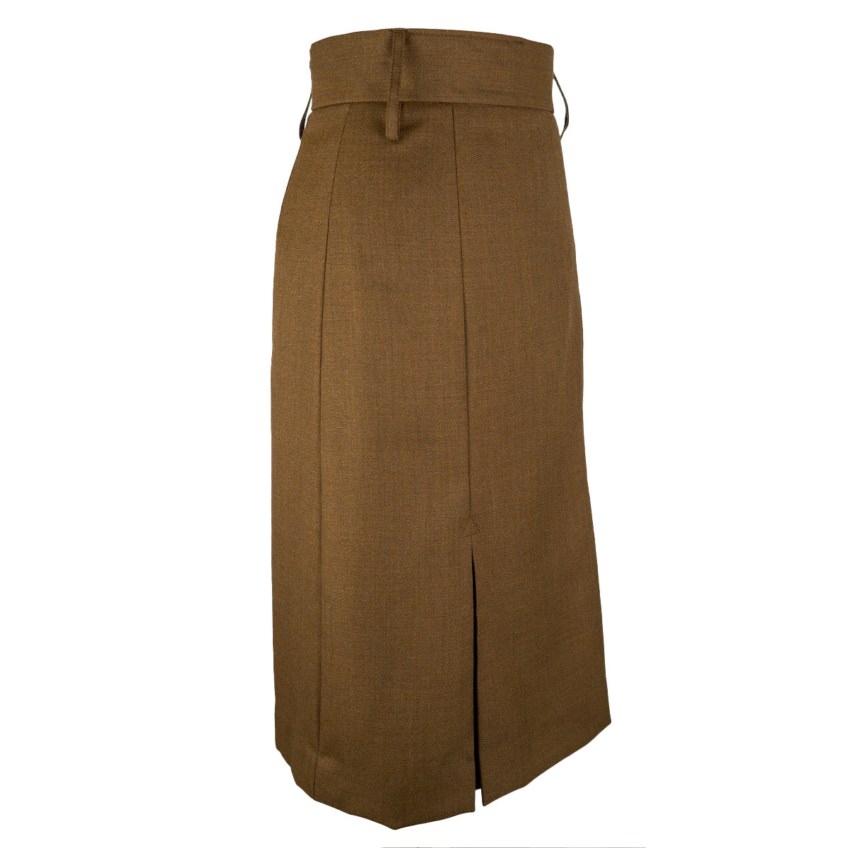 Side view of an original British Army Barrack Dress Skirt in a durable, unissued wool-blend fabric with a rear kick pleat.