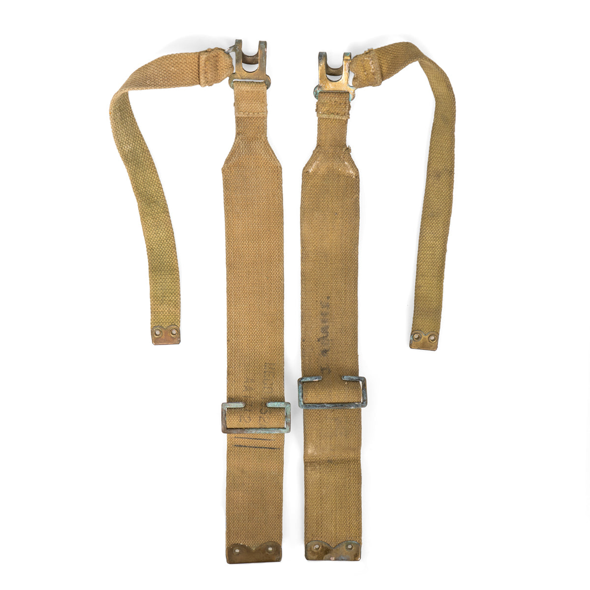 Pair of original British Army 37 Pattern L-straps in khaki canvas with brass hooks and buckles on a white background.