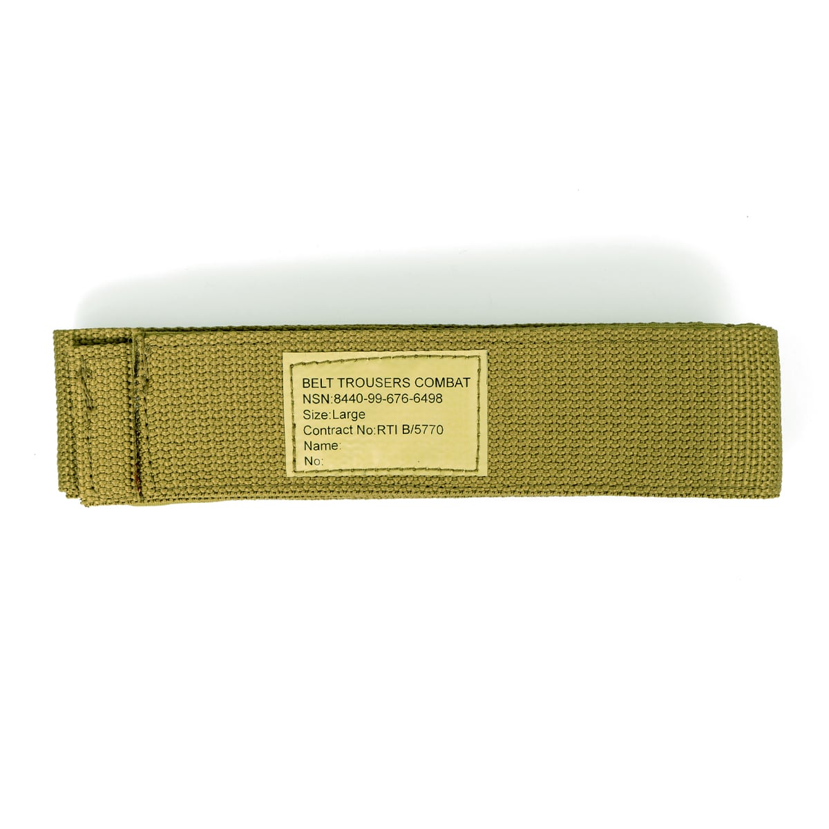Olive green British Army combat trousers belt with military label showing NSN 8440-99-676-6498 and Size Large.