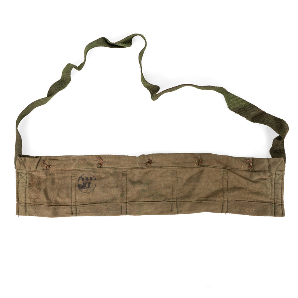 Original British Army Lee Enfield ammo bandolier with olive green strap and faded markings, ideal for collectors.