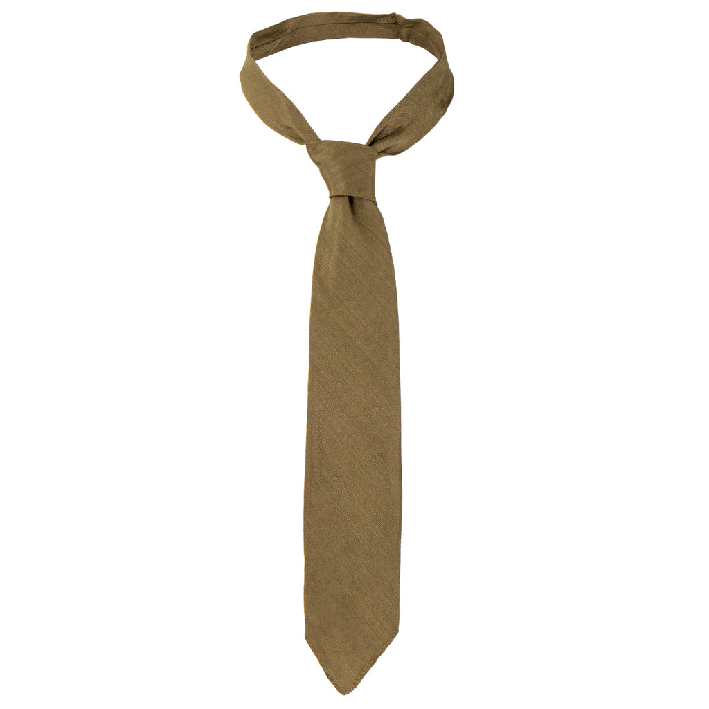 Vintage WW2 British Army officer neck tie in earthy khaki rayon, tied in a classic knot against a white background.