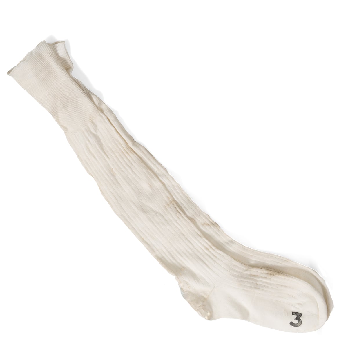Full-length view of a pair of genuine British Navy wool blend knee high socks with visible military-issue numeral 3 markings.