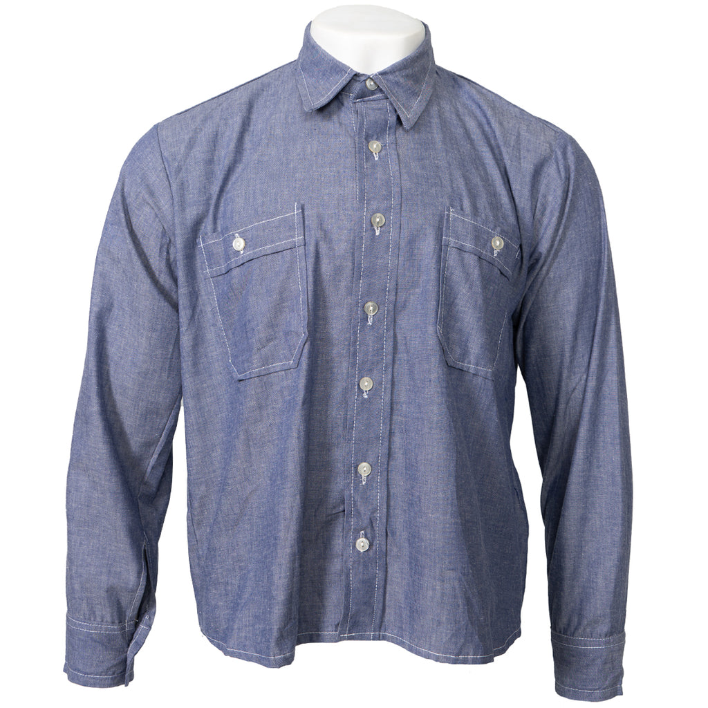 Original Bundesmarine German Navy dungaree shirt in blue cotton with two chest pockets, contrasting white stitching, and a button-front closure.