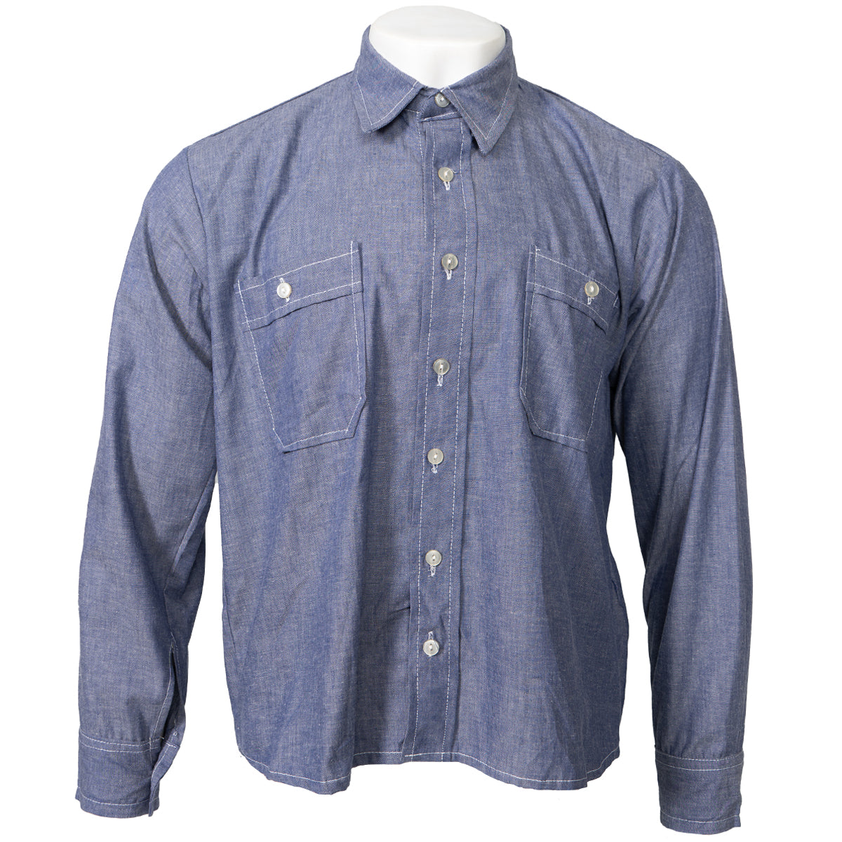 Original Bundesmarine German Navy dungaree shirt in blue cotton with two chest pockets, contrasting white stitching, and a button-front closure.