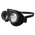 Original Bundeswehr goggles in black rubber with adjustable elasticated head strap, side three-quarter view.