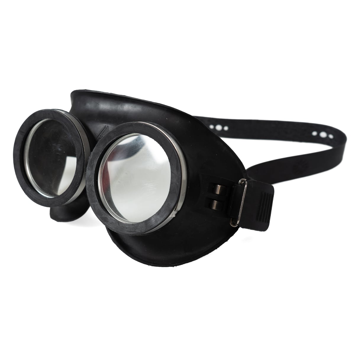 Original Bundeswehr goggles in black rubber with adjustable elasticated head strap, side three-quarter view.