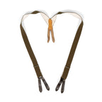 Original BW German Army Type 1 braces featuring olive green elastic straps, metal sliders, and dark brown leather button-tab ends.