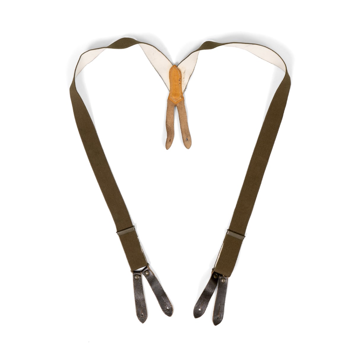 Original BW German Army Type 1 braces featuring olive green elastic straps, metal sliders, and dark brown leather button-tab ends.