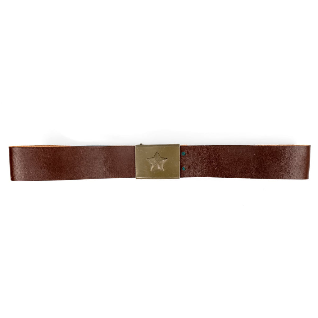 Full-length view of the 100cm Czech Army leather belt, showcasing its sturdy brown leather strap and military-issue star buckle.
