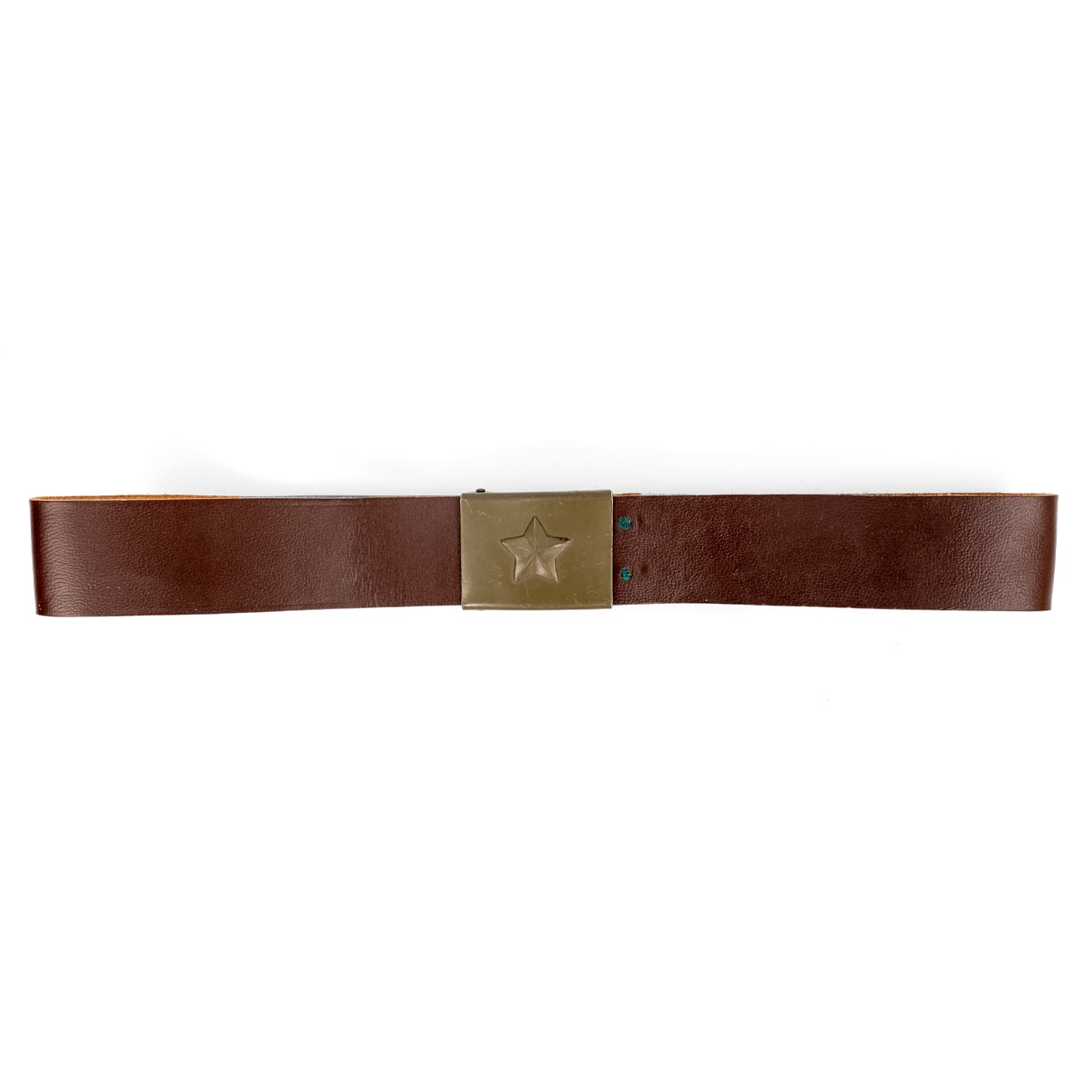 Full-length view of the 100cm Czech Army leather belt, showcasing its sturdy brown leather strap and military-issue star buckle.
