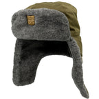 Original Czech Army Ushanka wool hat with ear flaps down, featuring olive green fabric and a golden Czechoslovakian cockade.