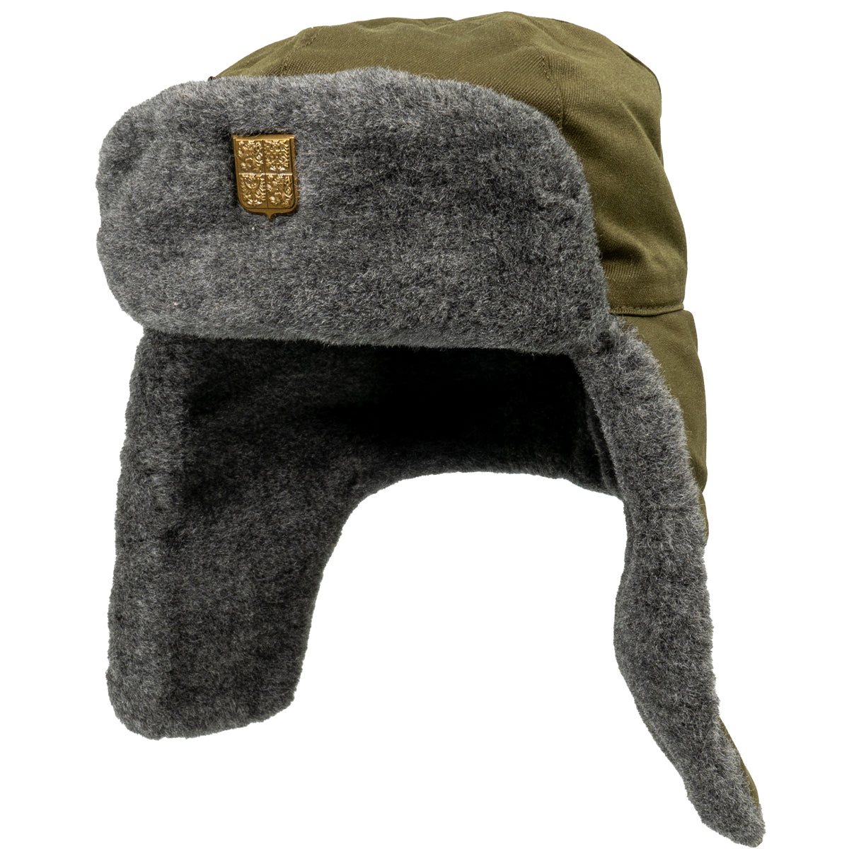 Original Czech Army Ushanka wool hat with ear flaps down, featuring olive green fabric and a golden Czechoslovakian cockade.