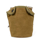 Front view of the post-war Danish M45 water bottle cover, featuring durable thick olive drab canvas and two distinct directional Lift-the-Dot brass studs on the top flap.