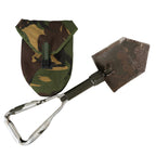 Genuine Dutch Army 3-way folding shovel with carbon steel serrated spade head and original DPM camouflage carry pouch.